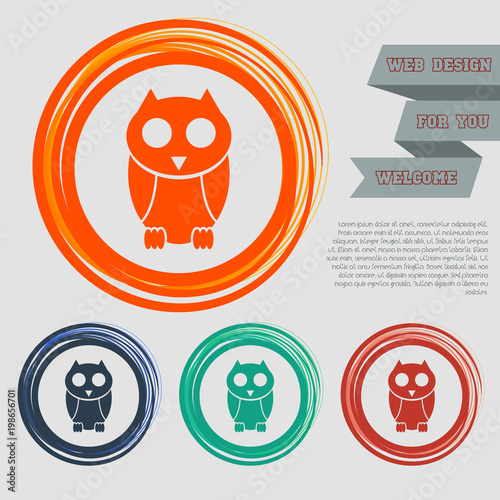 Cute owl cartoon character icon on the red, blue, green, orange buttons for your website and design with space text. Vector photo