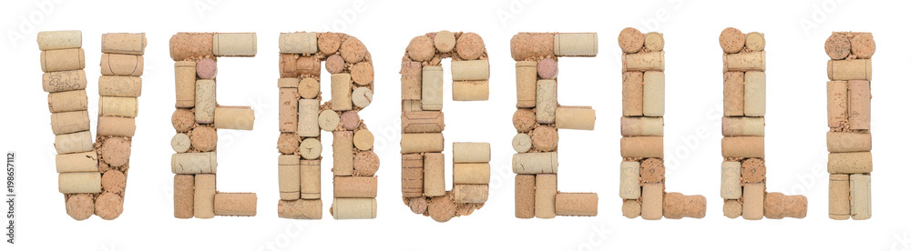 Italian province Vercelli made of wine corks Isolated on white background