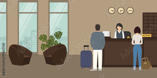 Hotel reception. Receptionist stands at reception desk. There are two brown armchairs on a window background in the picture. There are also visitors here. Travel, hospitality, hotel booking concept. 