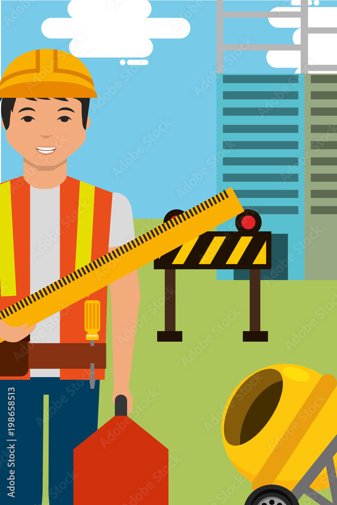 Fototapeta premium construction worker character holds ruler toolbox and equipment vector illustration