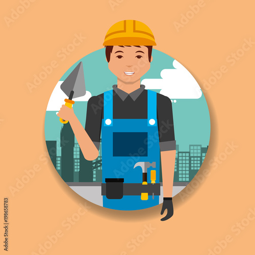 construction worker holding with hat hard spatula vector illustration