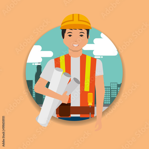 construction worker foreman holding blueprints vector illustration