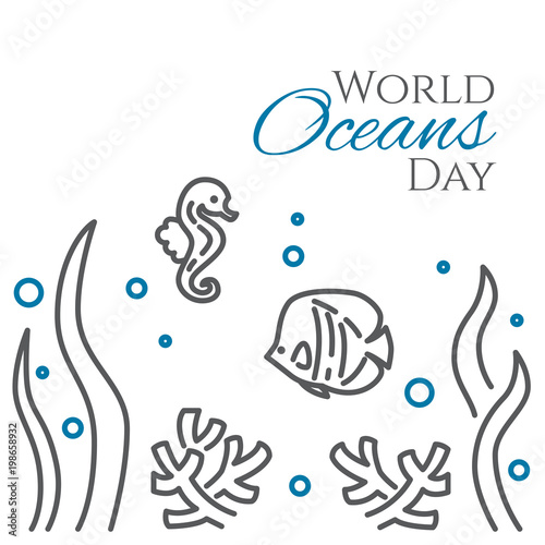 World oceans day banner with fish, sea horse, corals and seaweed line style isolated on white background.