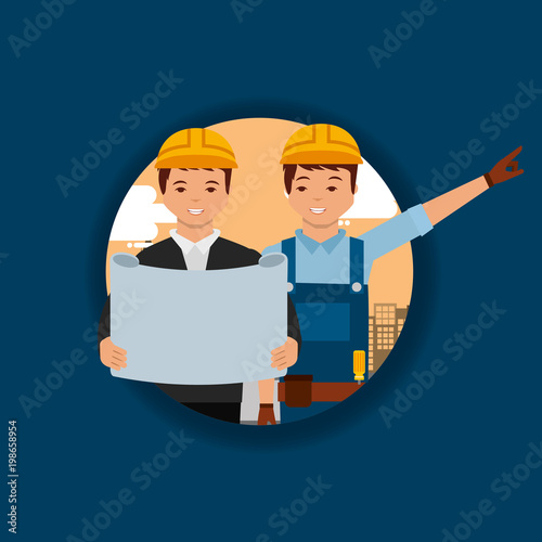 construction worker foreman and architec with project plan vector illustration