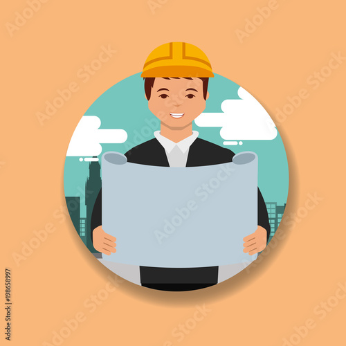 construction architect worker looking blueprint vector illustration