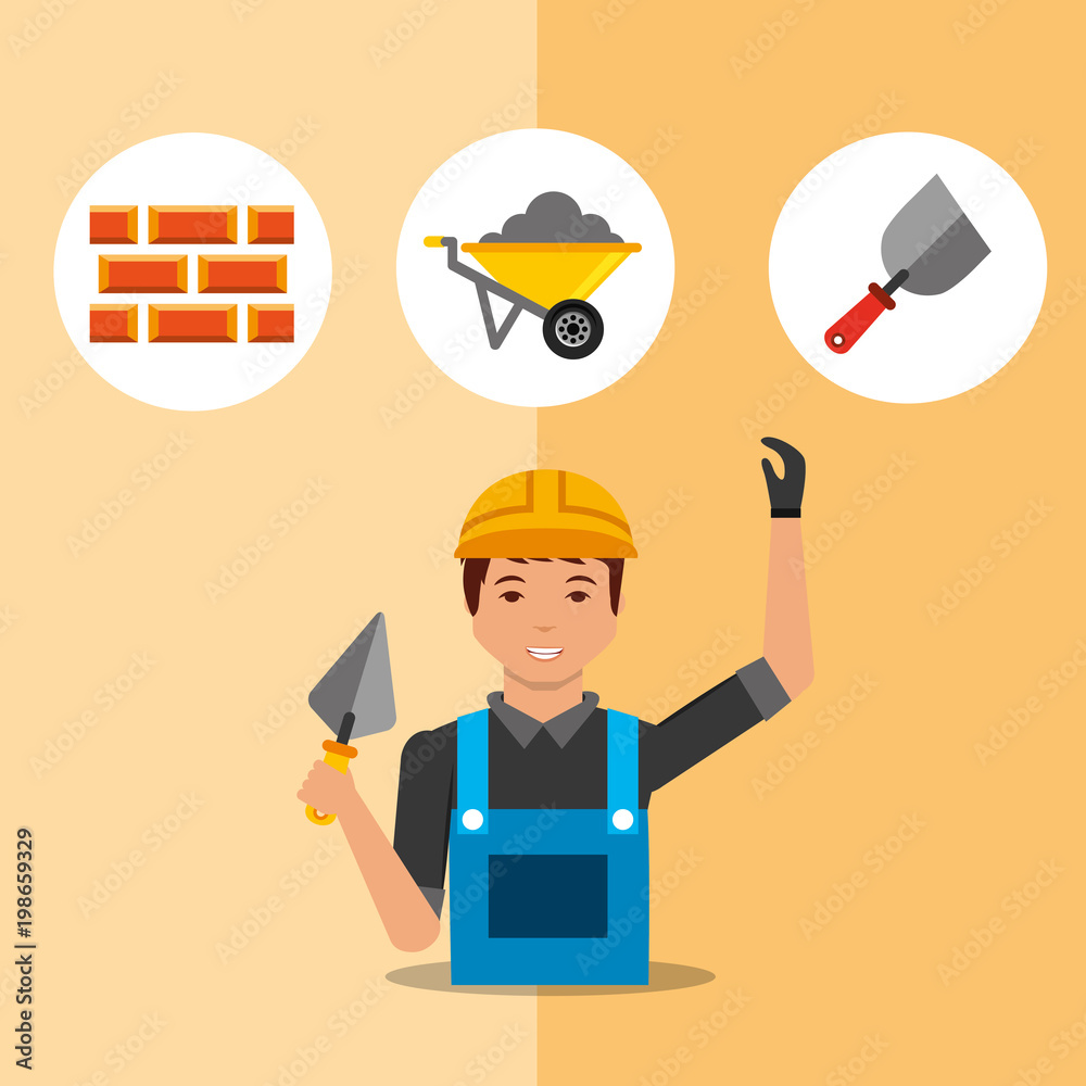 construction worker holding spatula and wheelbarrow bricks tools vector illustration