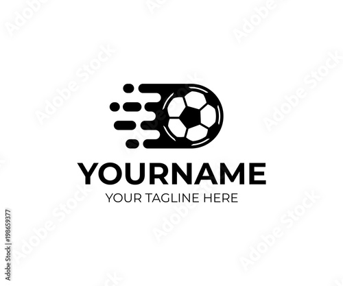 Football ball and soccer ball flies fast, logo template. Soccer cup championship and  sport tournament by football, vector design. Football club and football club, illustration