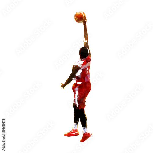 Jumping polygonal basketball player in red jersey with ball, abstract isolated colorful vector illustration