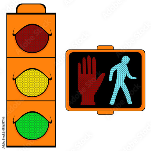 usa standart traffic light for drivers, red, yelow and green; traffic light for pedestrian, stop red hand and walking light blue human