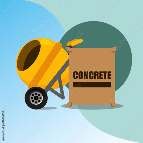 construction concrete mixer and bag tools equipment vector illustration