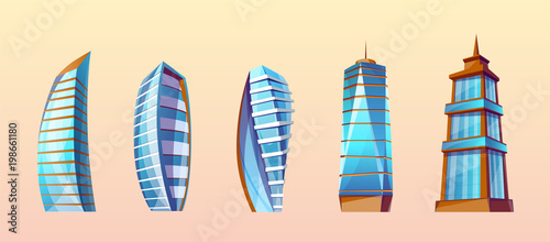 Vector set of modern buildings in cartoon style. Urban skyscrapers, town exterior, residential construction. Architecture, cityscape concept