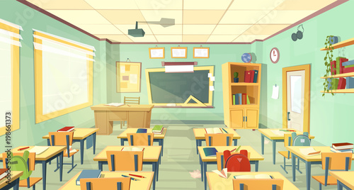 Vector school classroom interior. University, educational concept, blackboard, table, chair college furniture. Training room illustration, education background