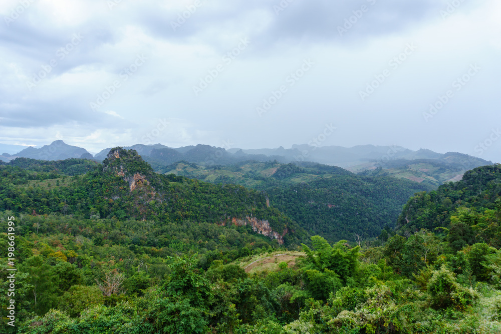 panorama landscape view of jungle and mountain with blue sky and cloud in sunny day at thailand national park. nature or abstract background. panorama landscape view of jungle and mountain with blue sky and cloud in sunny day at thailand national park. nature or abstract background.