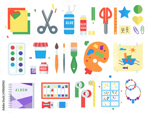 Themed kids creativity creation symbols poster in flat style with artistic objects for children art school fest unusual toys vector illustration.