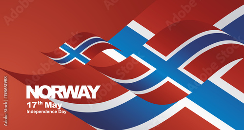 Independence Day Norway flag ribbon landscape background greeting card