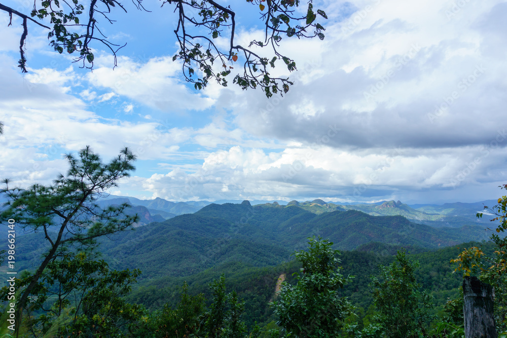 Amazing wild nature view of layer of mountain forest landscape with cloudy sky at winter season. Natural green scenery of cloud and mountain slopes background. Amazing wild nature view of layer of mountain forest landscape with cloudy sky at winter season. Natural green scenery of cloud and mountain slopes background.