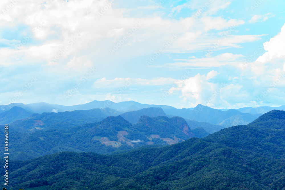 Naklejka premium Amazing wild nature view of layer of mountain forest landscape with cloudy sky at winter season. Natural green scenery of cloud and mountain slopes background.