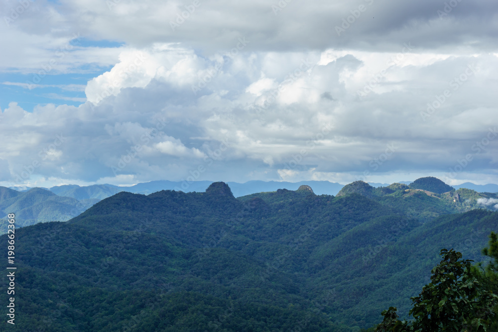Amazing wild nature view of layer of mountain forest landscape with cloudy sky at winter season. Natural green scenery of cloud and mountain slopes background. Amazing wild nature view of layer of mountain forest landscape with cloudy sky at winter season. Natural green scenery of cloud and mountain slopes background.