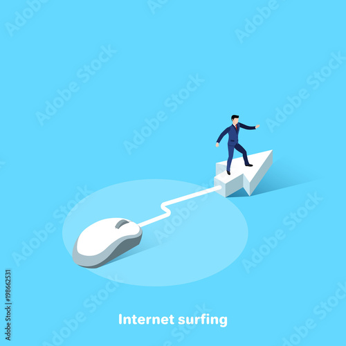 a man in a business suit on a big arrow and a computer mouse, an isometric image