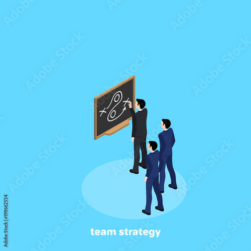 man in business suit paints with chalk on a blackboard an action plan, an isometric image