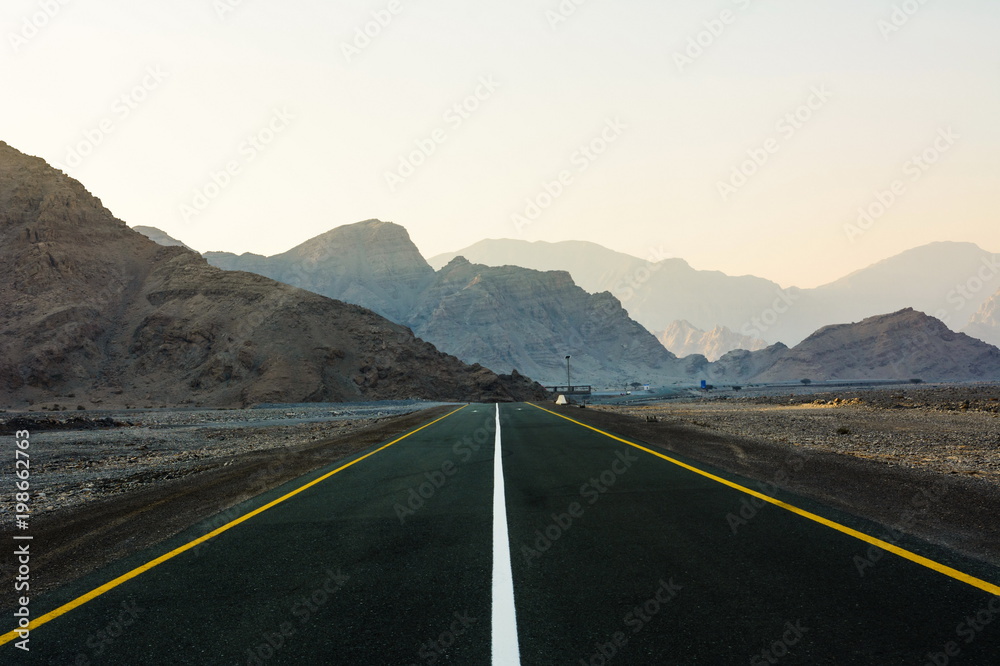 Empty mountain road through the dessert mountain on Jabal Jais