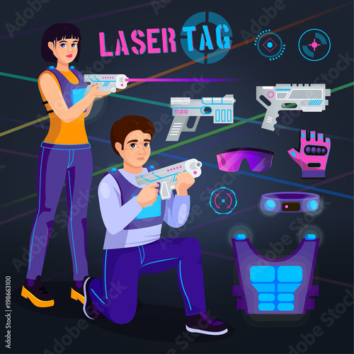 Gamer in laser tag vector player character gaming in lasertag with gun shooting in aim illustration set of people playing in gameplay with laser weapon isolated on background