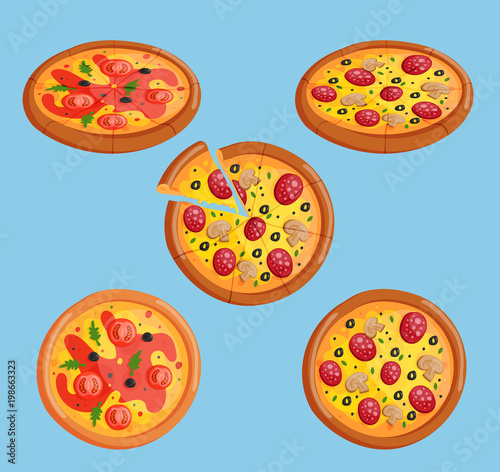 Vector pizza flat food collection isolated illustration piece slice. Pizzeria food menu product on white background, pepperoni, margarita italian pizza ingredients