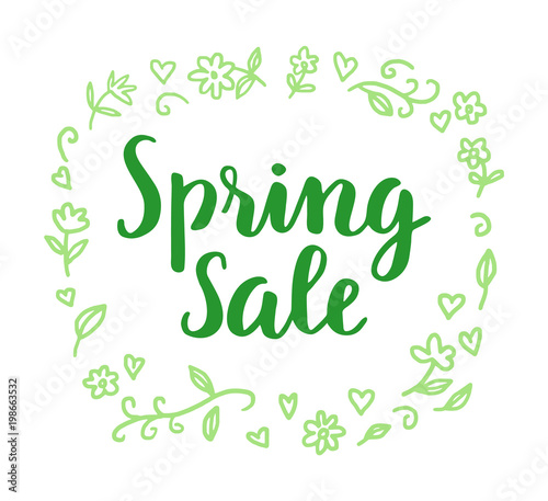 Spring sale cute calligraphic lettering with hand drawn green floral frame on white background. Perfect for sales banner, posters, print ect. Vector illustration