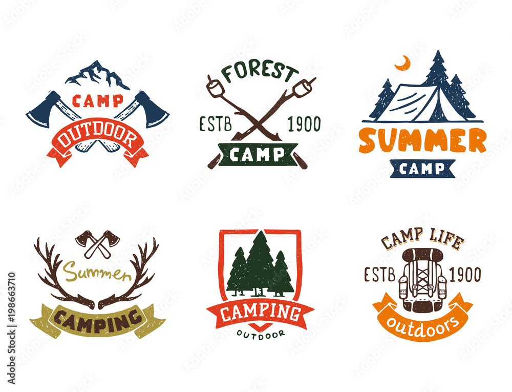 Set of vintage woods camp badges and travel logo hand drawn emblems nature mountain camp outdoor vector illustration.