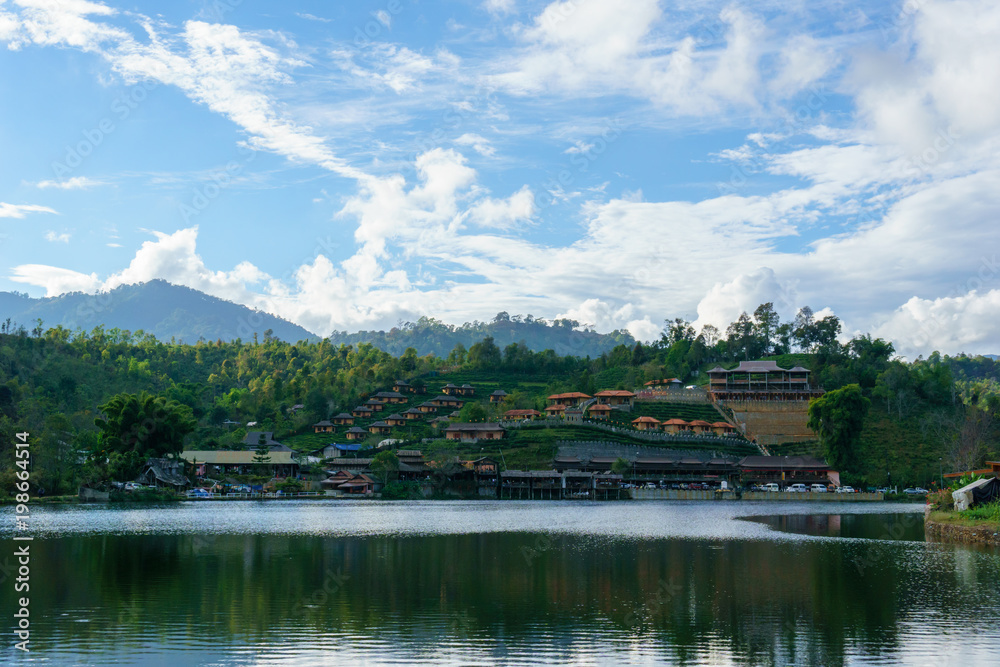 panorama landscape view of big lake with blue sky and cloud at Ban Rak Thai,Mae Hong Son,Thailand
