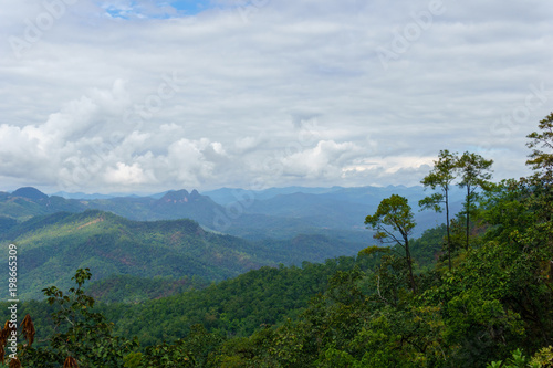 Amazing panorama landscape of mountain with sky and cloud and tree background in national park.