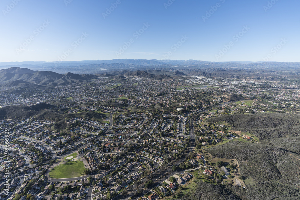 Aerial view of large suburban Newbury Park and Thousand Oaks in Ventura County, California.  