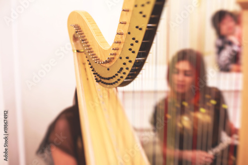 Female musician harpist playing harp during symphonic concert, with other musicians in the background, close up hands of the woman playing arf.