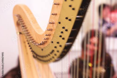 Female musician harpist playing harp during symphonic concert, with other musicians in the background, close up hands of the woman playing arf.