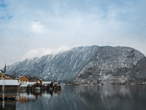 Alpine villages Hallstatt in Austria One of the most beautiful winter season snow mountain colorful house landscape