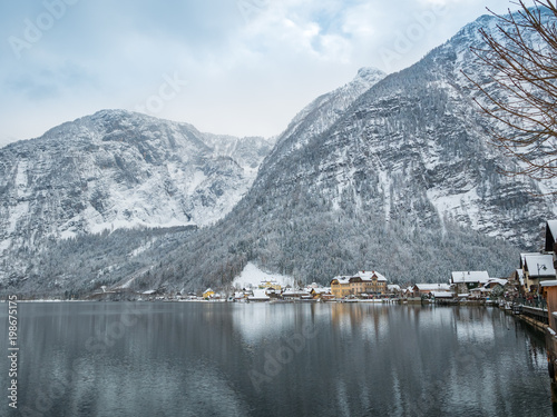 Alpine villages Hallstatt in Austria One of the most beautiful winter season snow mountain colorful house landscape © Chitsanupong
