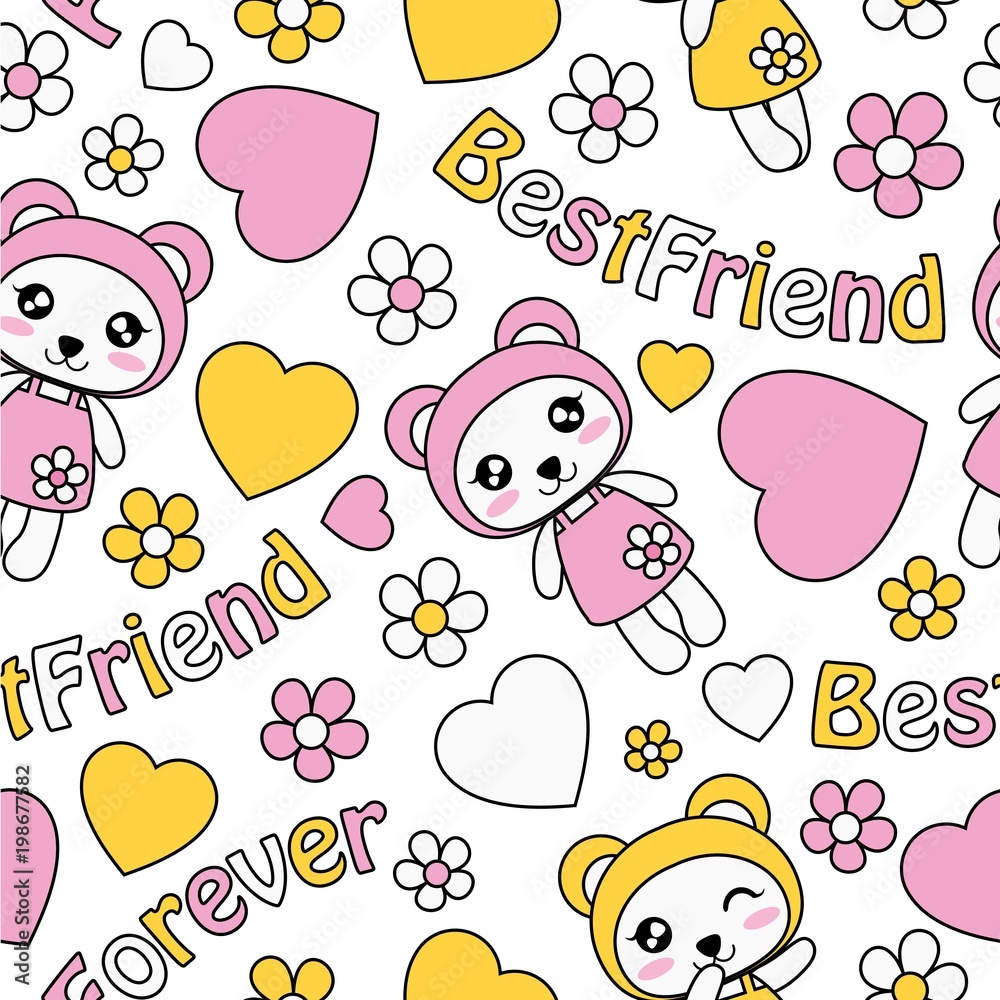 Seamless pattern with cute panda girls, love and flowers vector cartoon  suitable for kid wallpaper design, scrap paper and kid fabric clothes  background Stock Vector | Adobe Stock
