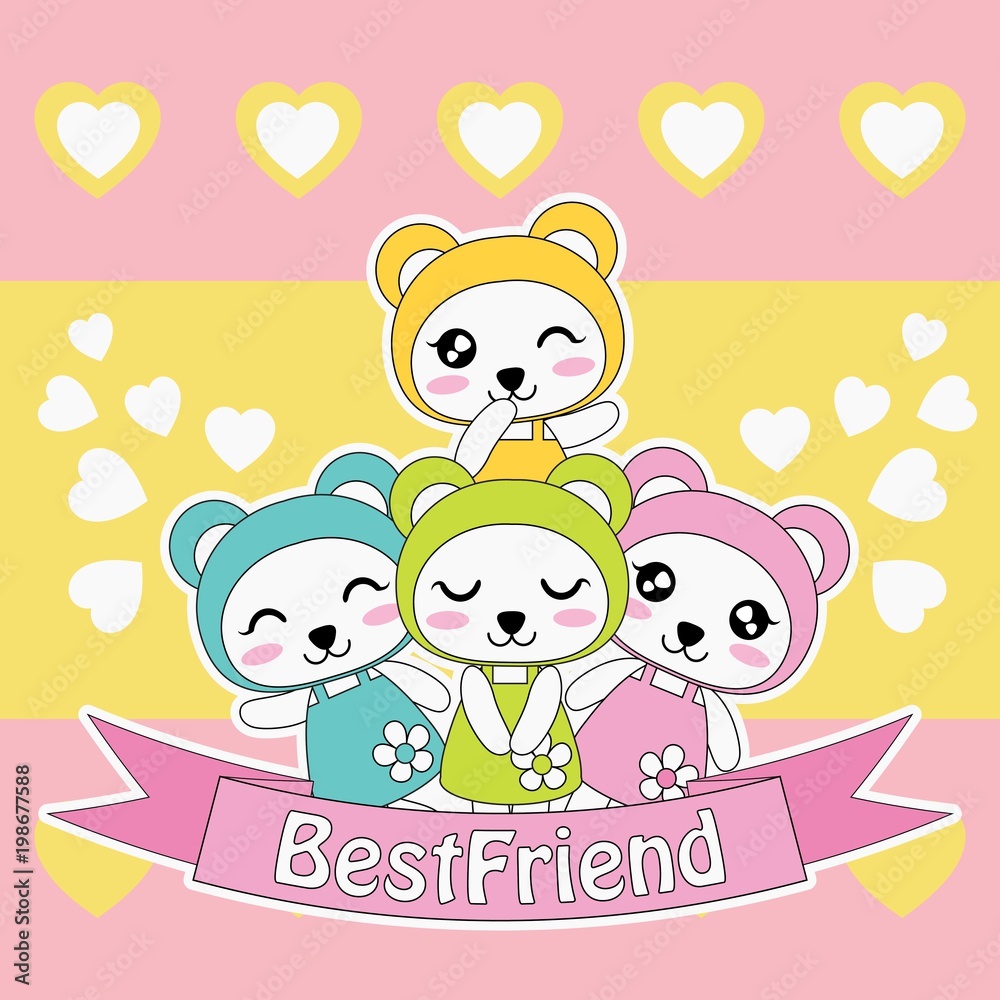 Vector cartoon illustration with cute colorful panda girls on love  background suitable for kid friendshp card design, backdrop and wallpaper  Stock Vector | Adobe Stock