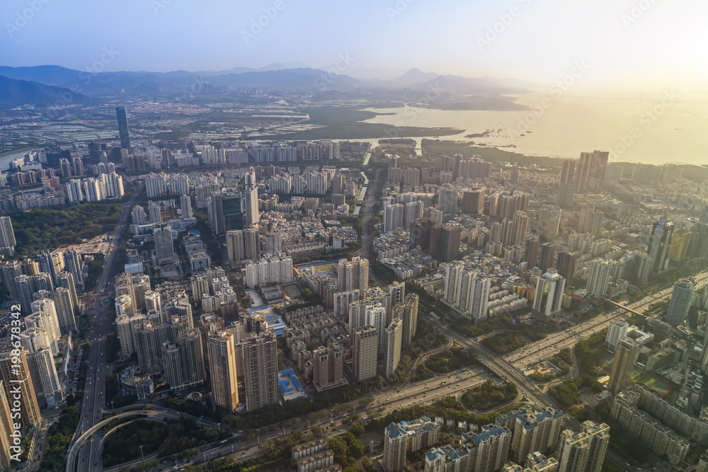 A bird's eye view of the urban architectural landscape in Shenzhen