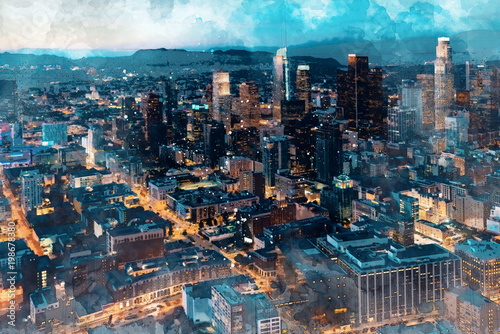 Aerial view sketch of Downtown Los Angeles at twilight
