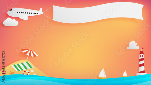 Summer background conception assist of sunset tone color , airplane with long white flag ,free space on the middle ,blue sky of calm ocean on the bottom, boat and light house are on right corner
