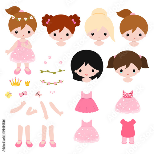 Adorable little princess constructor. Vector flat illustration.