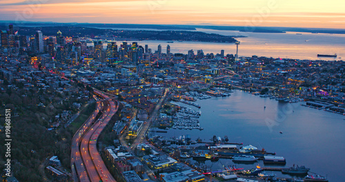 Metropolitan Seattle Incredible Aerial View Sunset Waterfront City Lake Puget Sound Pacific Northwest Concept