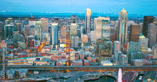 Seattle Pike Street Aerial View Skyline Buildings Downtown