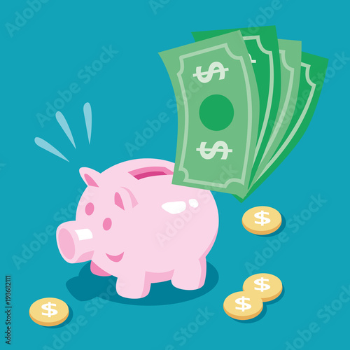 piggy bank with coins and bill save money over blue background