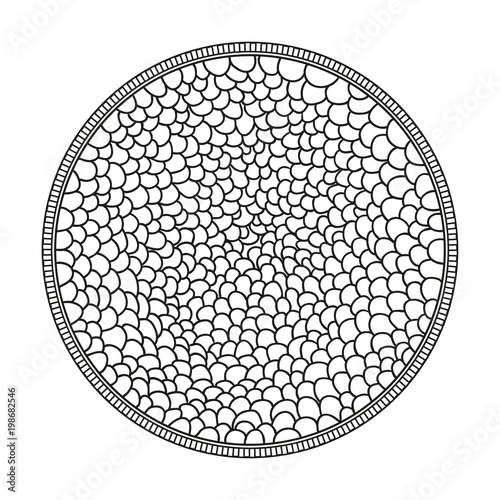 Circle zendala. Abstract texture. Zentangle. Hand drawn mandala on isolation background. Design for spiritual relaxation for adults. Black and white illustration for coloring. Zen art