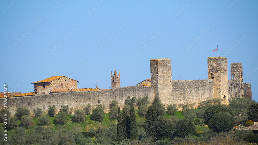 Monteriggioni, Siena, Italy. Drone aerial landscape of the wonderful medieval village. Tuscany, Italy