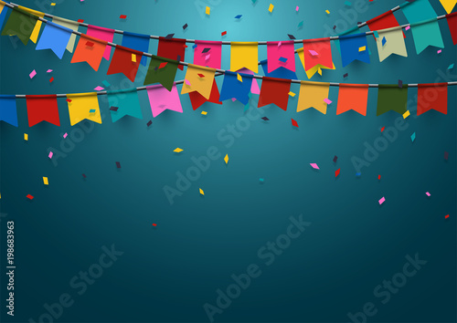 celebration background with garland flag and confetti in party and enjoyment concept.Vector eps10.