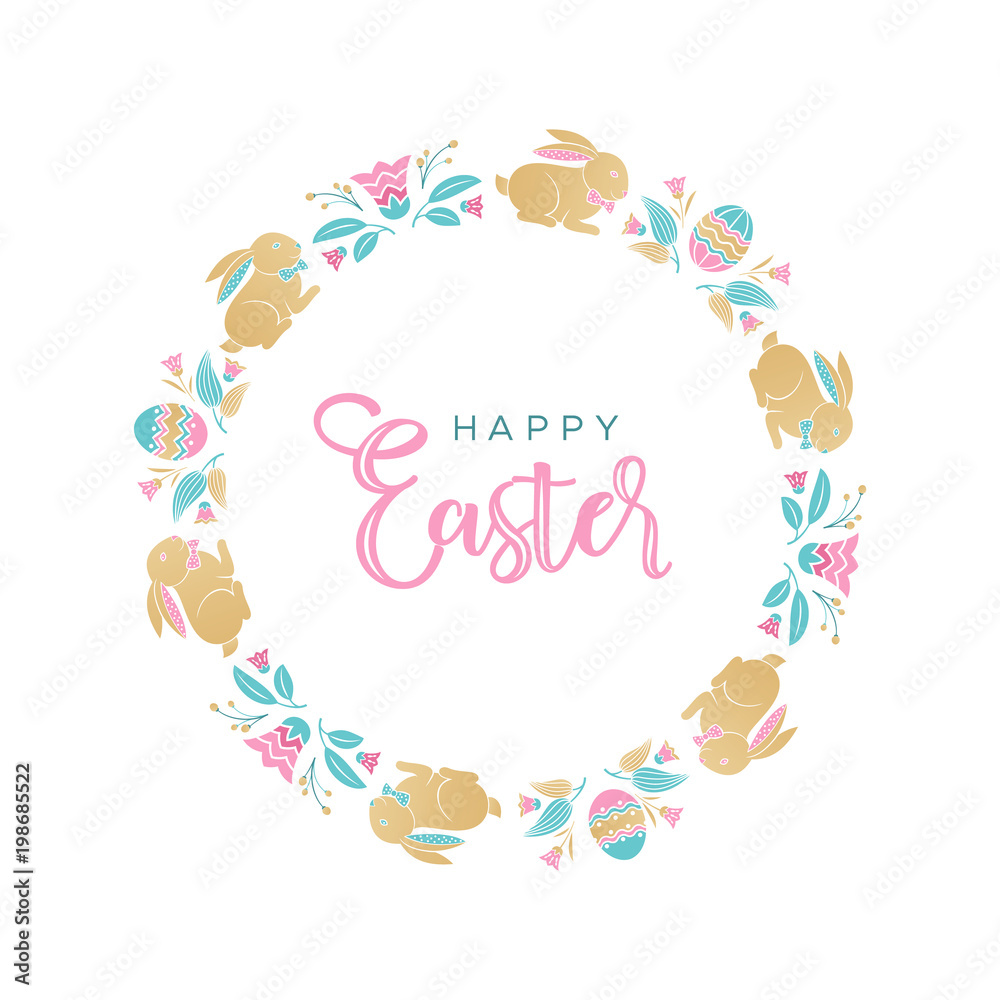 Easter wreath with Easter eggs, bunnies, flowers, leaves and branches on white background. Decorative frame with gold elements. Unique design for your greeting cards, banners, flyers.