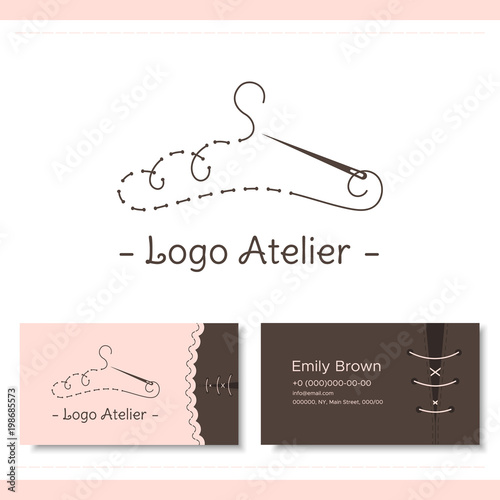 Branding for the fashion designer, Atelier, wedding boutique, women's clothing store, studio sewing and tailoring. Logo, business card. Stylized hanger from thread and needle